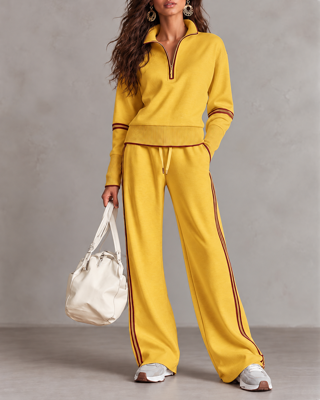 Women’s Half-Zip Two-Piece Set – Contrast Trim &amp; Wide-Leg Pants