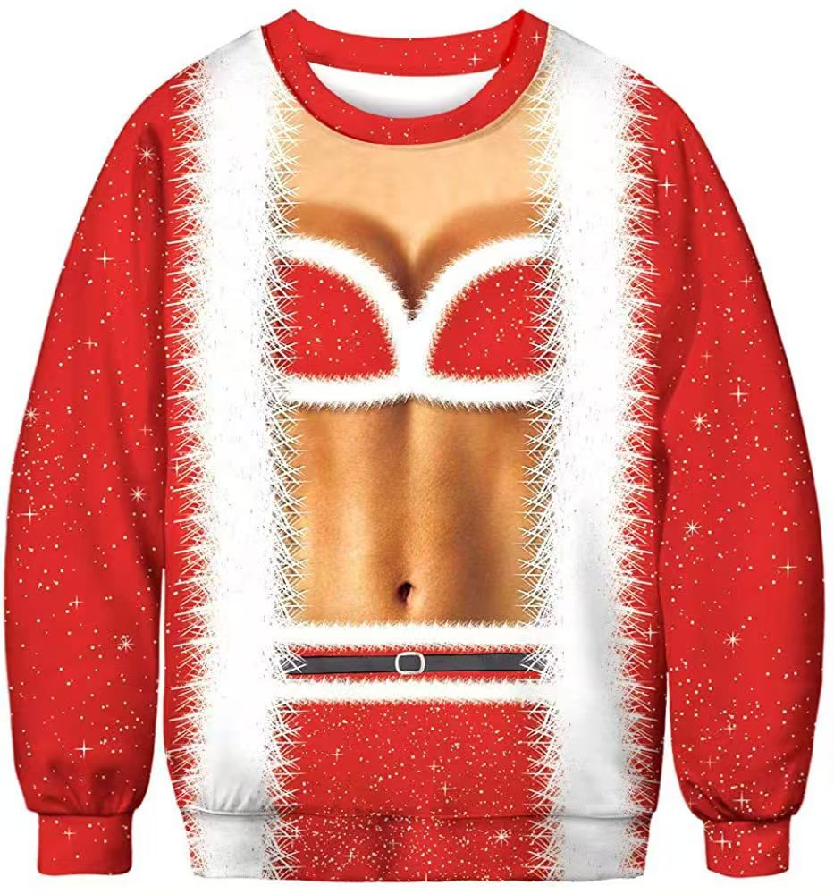 Men’s Funny Christmas Sweatshirt – Santa Chest & Belt Illusion Print