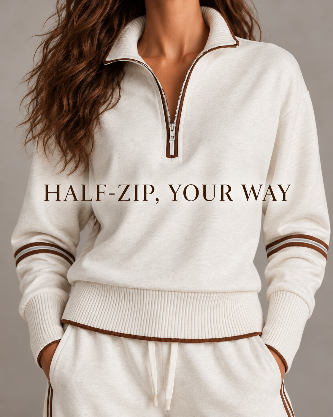 Women’s Half-Zip Two-Piece Set – Contrast Trim &amp; Wide-Leg Pants