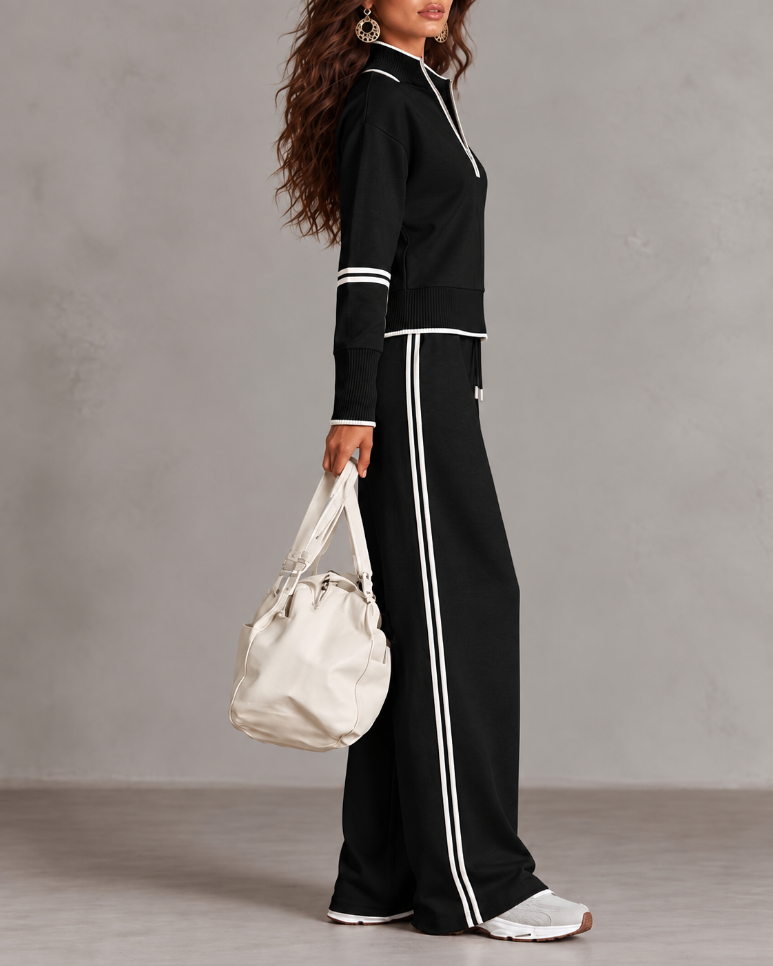 Women’s Half-Zip Two-Piece Set – Contrast Trim &amp; Wide-Leg Pants