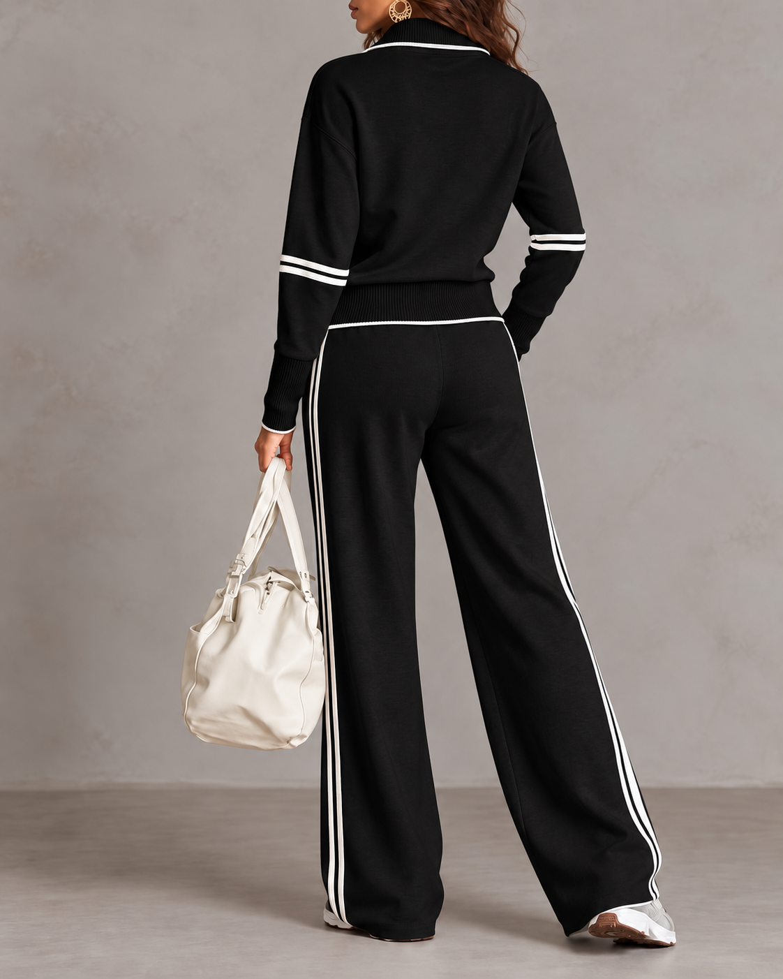 Women’s Half-Zip Two-Piece Set – Contrast Trim &amp; Wide-Leg Pants