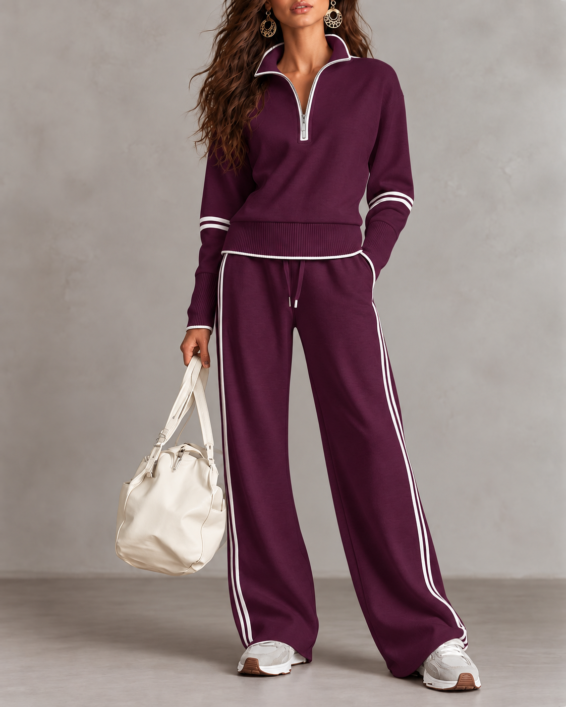 Women’s Half-Zip Two-Piece Set – Contrast Trim &amp; Wide-Leg Pants