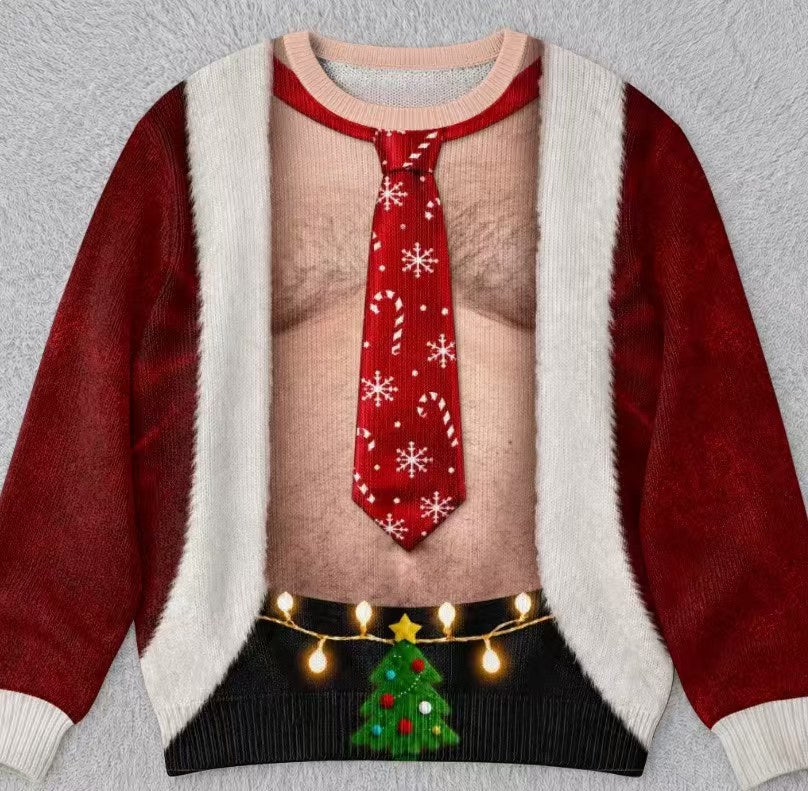 Men’s Funny Christmas Sweatshirt – Santa Chest & Belt Illusion Print