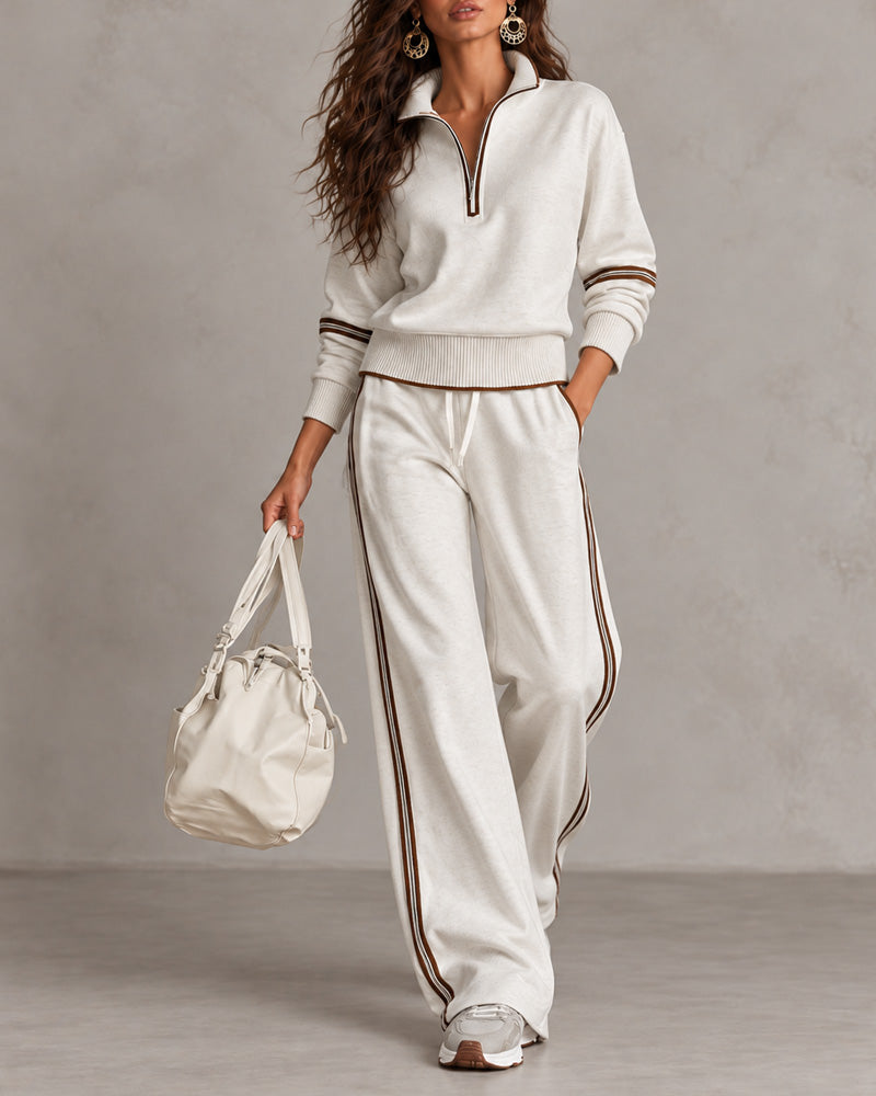 Women’s Half-Zip Two-Piece Set – Contrast Trim &amp; Wide-Leg Pants