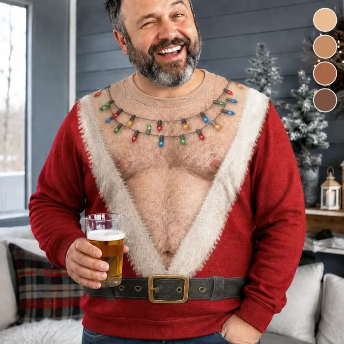 Men’s Funny Christmas Sweatshirt – Santa Chest & Belt Illusion Print