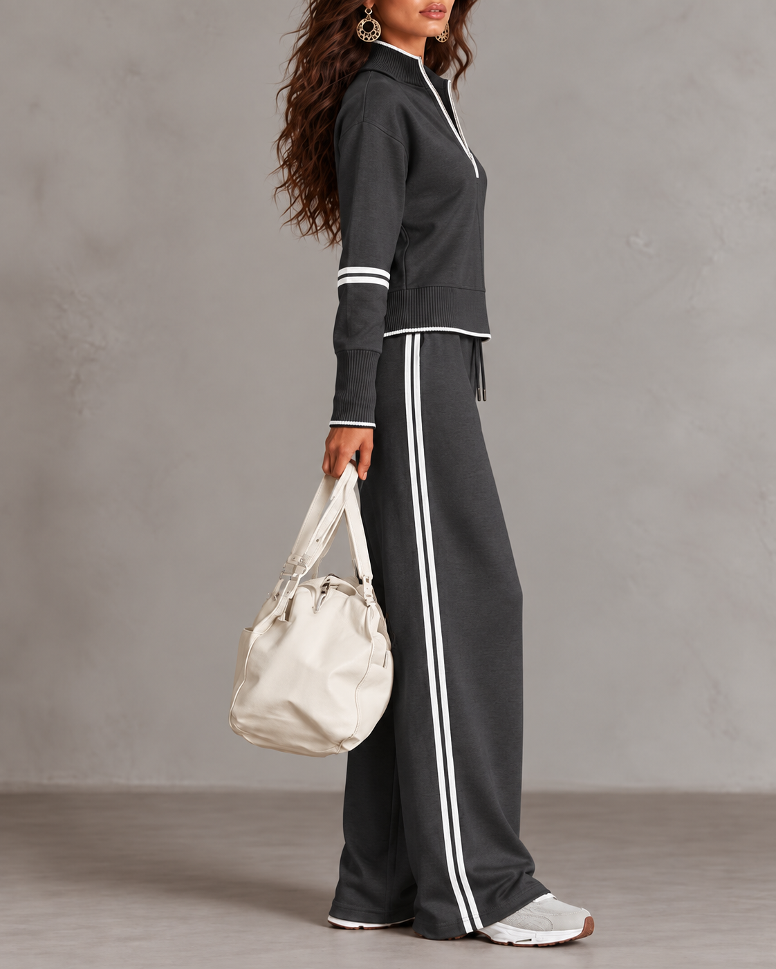 Women’s Half-Zip Two-Piece Set – Contrast Trim &amp; Wide-Leg Pants