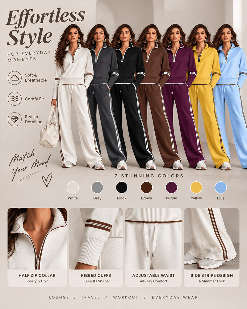 Women’s Half-Zip Two-Piece Set – Contrast Trim &amp; Wide-Leg Pants