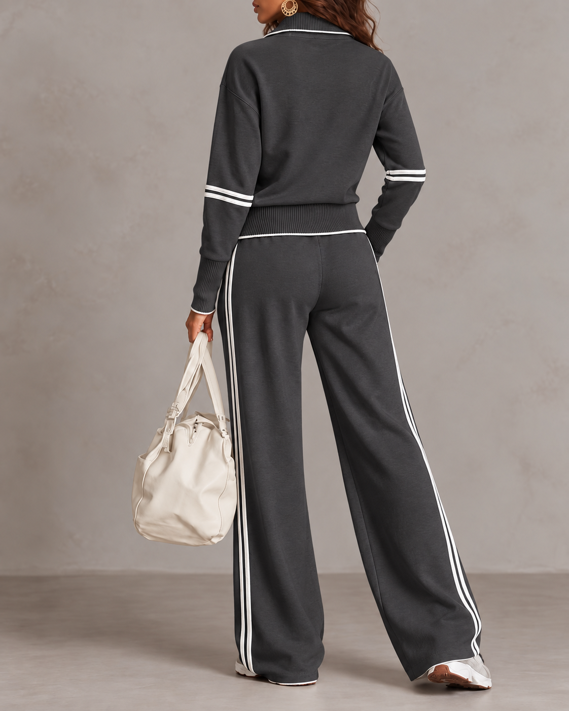 Women’s Half-Zip Two-Piece Set – Contrast Trim &amp; Wide-Leg Pants