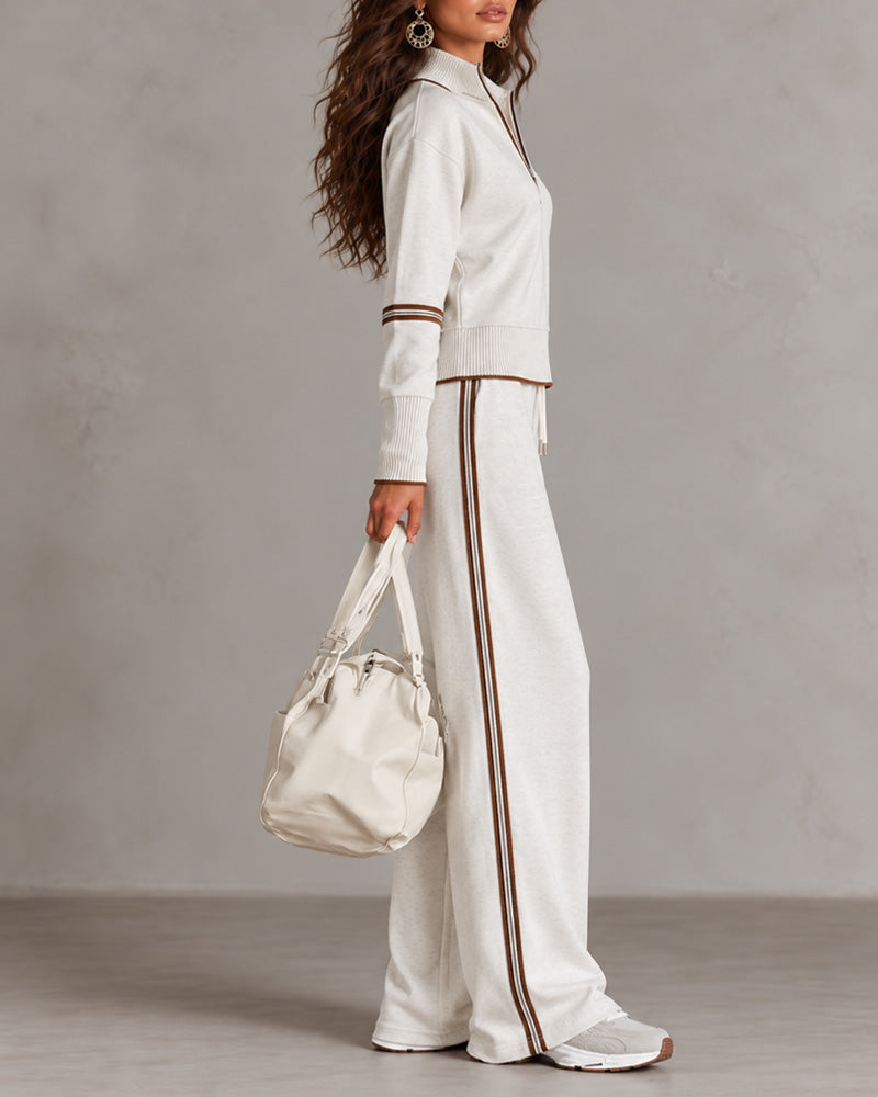 Women’s Half-Zip Two-Piece Set – Contrast Trim &amp; Wide-Leg Pants